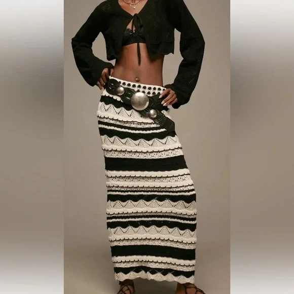 Anthropologie Textured Knit Midi Skirt Strapless Dress Crochet Ruffle BlackWhite
